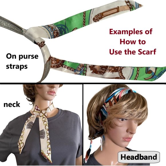 Vintage Equestrian Inspired Silk Scarf Boho Chic Green Multi Style Accessory (9) - Picture 6 of 12